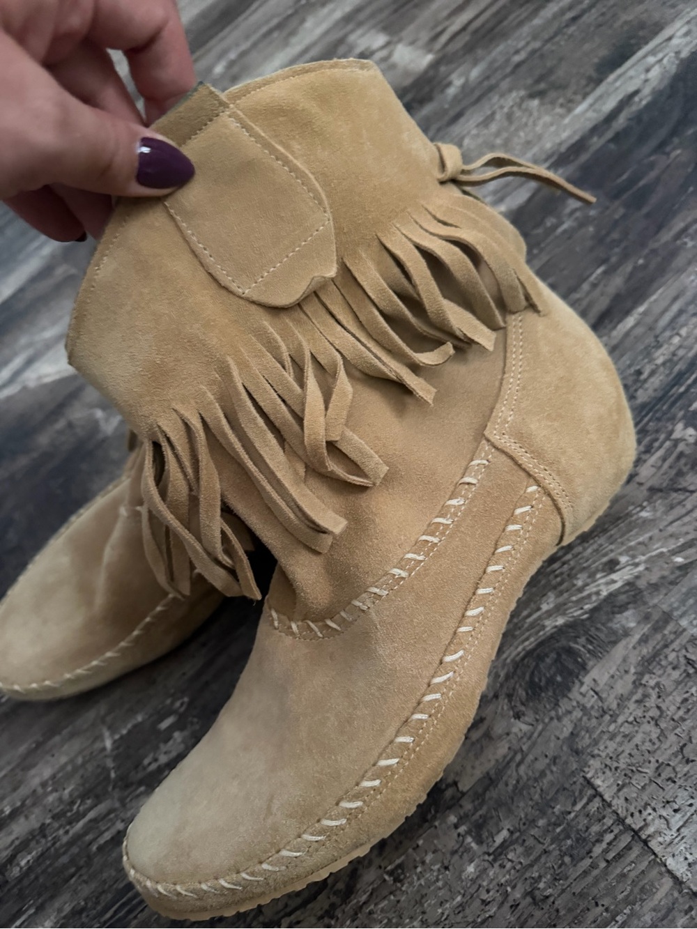 Sundance Tan Suede Fringe Moccasin Boots